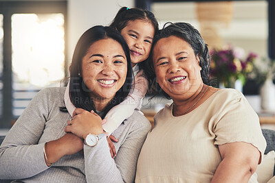 Buy stock photo Happy, women and generations with portrait of family on sofa for smile, bonding and support. Hug, relax and grandparent with mother and child in living room at home for calm, care and peace together