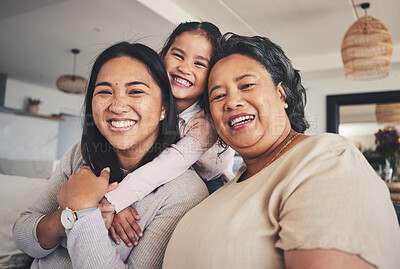 Buy stock photo Hug, women and generations with portrait of family on sofa for smile, bonding and support. Happy, relax and grandparent with mother and child in living room at home for calm, care and peace together