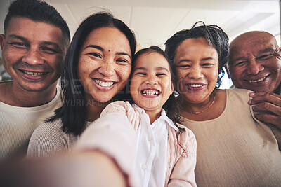 Buy stock photo Portrait, happy or grandparents selfie with child in big family for memory or bonding together in Mexico. Dad, mom or faces of grandmother taking photo with fun grandfather, grandma or kid at home 