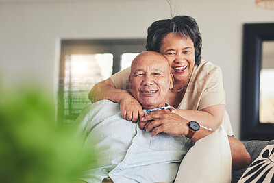 Buy stock photo Portrait, senior or happy couple hug to relax on house sofa bonding with trust, love or loyalty together. Smile, joy or mature woman with support, care or elderly man on couch at home in retirement