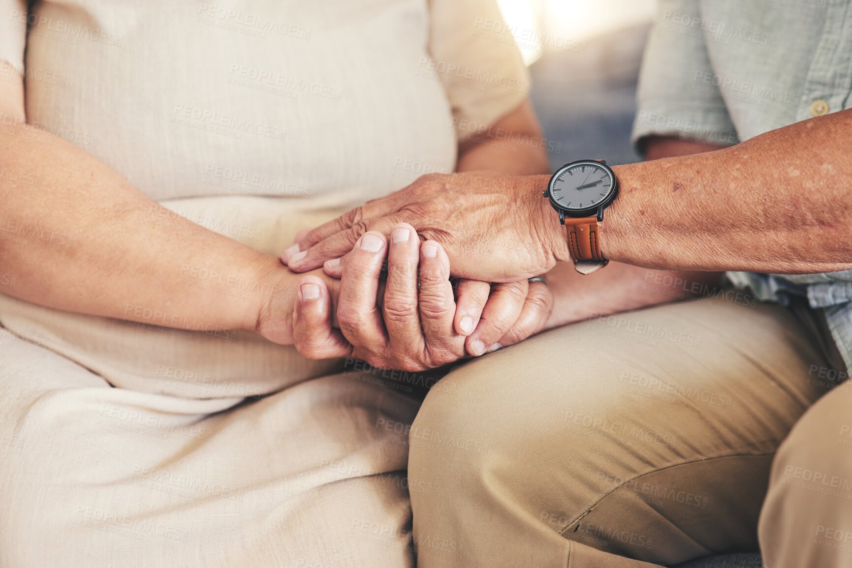 Buy stock photo Retirement, holding hands or old couple for hope, support or loyalty in marriage commitment at home. Zoom, comfort or senior man bonding to relax with an elderly woman on anniversary for love or care