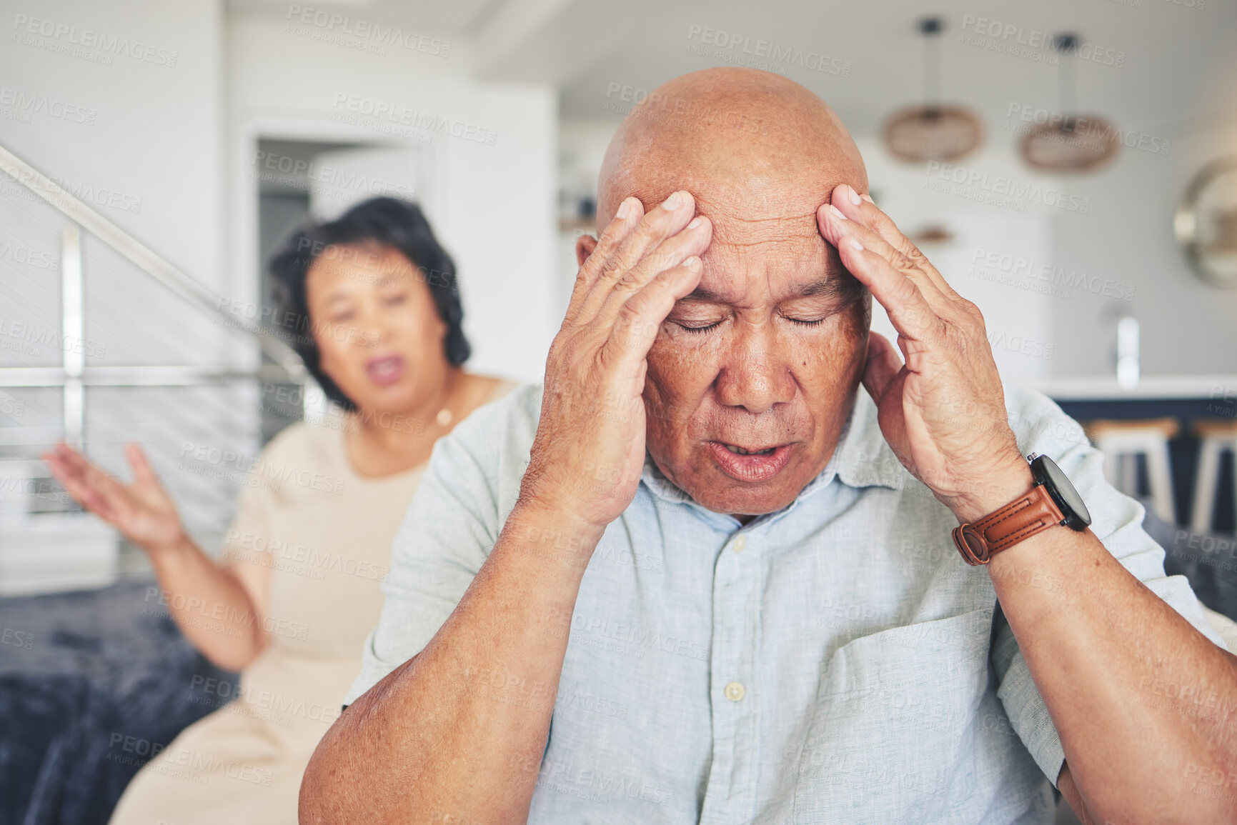 Buy stock photo Headache, man or frustrated old couple fight with stress for marriage problem, breakup or bad communication. Anxiety, home or angry senior people in conflict or betrayal of cheating drama or divorce