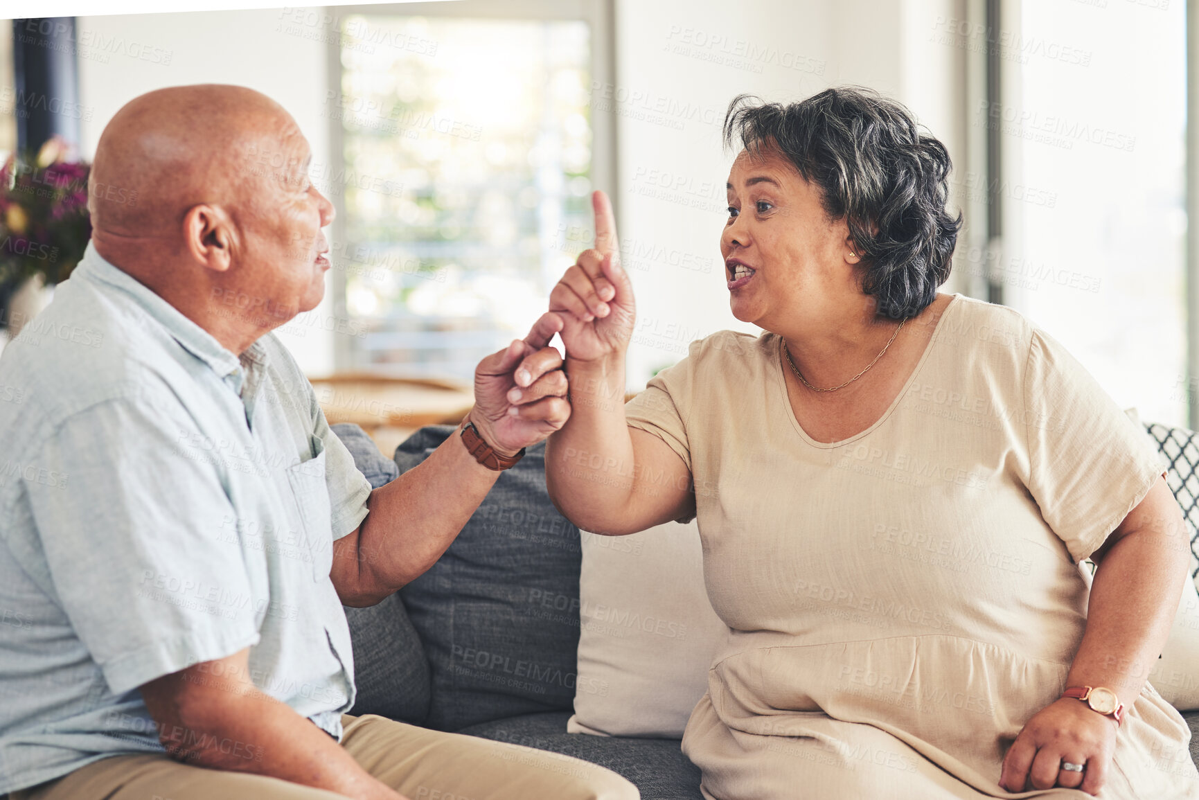 Buy stock photo Fight, divorce or angry old couple argue with stress for marriage problem, breakup or bad communication. Shouting, home or frustrated senior people in conflict or betrayal of cheating crisis or drama