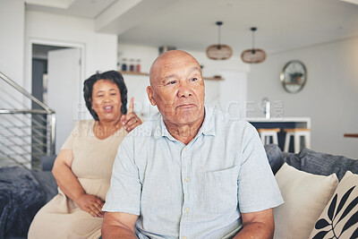 Buy stock photo Thinking, man or frustrated old couple fight with stress for marriage problem, breakup or bad communication. Shouting, home or angry senior people in conflict or betrayal of cheating drama or divorce