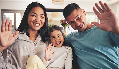 Buy stock photo Parents, girl and wave in video call, portrait and smile for hello, contact and relax in family home. Asian father, mother and daughter with hand, sign language and greeting for respect in Jakarta