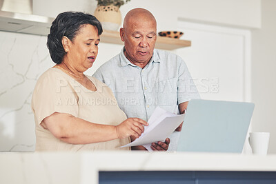 Buy stock photo Laptop, documents and finance with old couple in kitchen for budget report, payment and mortgage. Accounting, online banking and savings with senior man and woman for investment, retirement and taxes