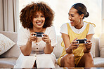 Portrait of women on sofa playing video game, excited fun and relax in home living room together on internet. Online gaming, esports and happy gamer girl friends on couch on virtual app in apartment.