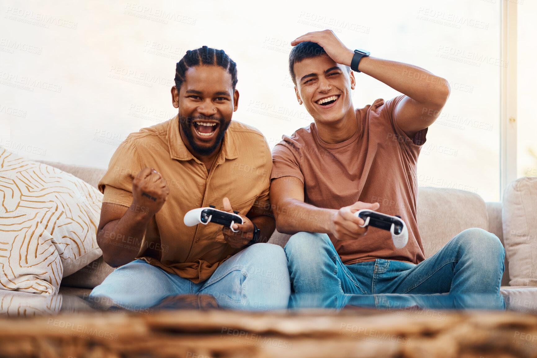 Buy stock photo Men on sofa playing video game, excited fun and relax in home living room together on internet with controller. Online gaming, esports and happy gamer friends on couch with virtual app in apartment.