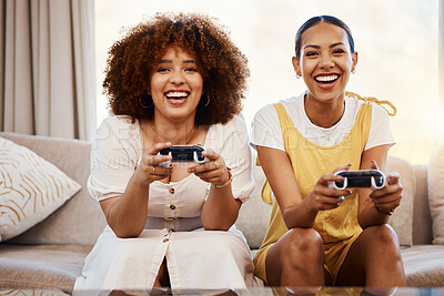 Buy stock photo Women on sofa playing video game, excited fun and relax in home living room together on internet with controller. Online gaming, esports and happy gamer friends on couch with virtual app in apartment