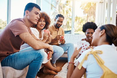 Buy stock photo Gambling, happy people or friends playing cards, poker or black jack at home to relax together in a party. Smile, men or group of women laughing in living room in a fun match or game on holiday 