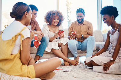 Buy stock photo Relax, happy people or friends playing cards, poker or black jack at home for gambling together in a party. Smile, men or group of women laughing in living room in a fun match or game on holiday 