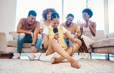 Buy stock photo Microphone, laughing or friends singing in home living room together in a party on holiday vacation break. Girl singer, happy men or group of funny women relax in a fun karaoke competition or game