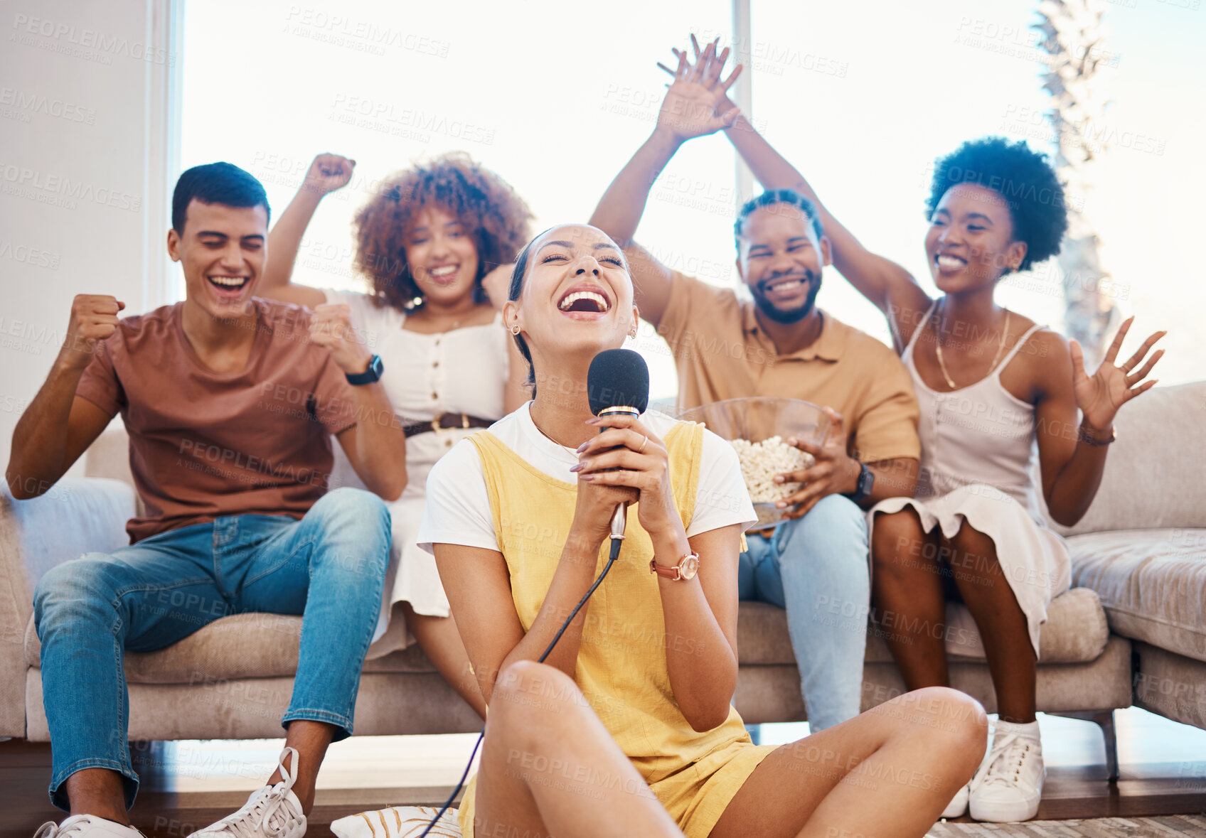 Buy stock photo Microphone, excited or friends singing in home living room together in a party on holiday vacation break. Girl singer, happy men or group of funny women laughing in a fun karaoke celebration or game