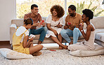 Game, happy people or friends playing cards, poker or black jack at home for gambling together in a party. Smile, men or group of women laughing to relax in living room in a fun match on holiday