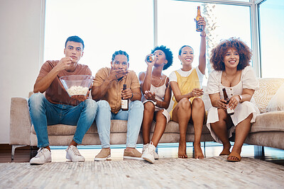 Buy stock photo Popcorn, beer and friends streaming television in home living room, bonding and having fun together. Food, happy people and group on tv to drink alcohol, watching movie and film to relax on sofa.