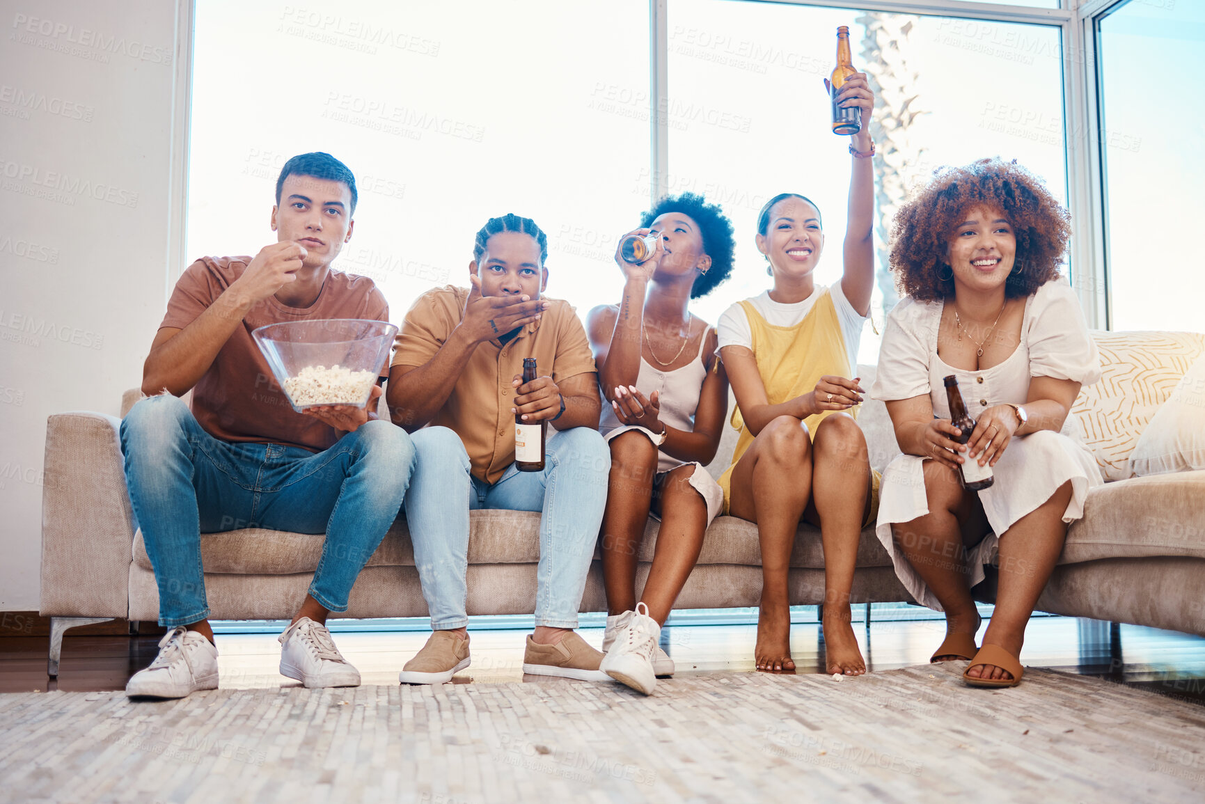 Buy stock photo Popcorn, beer and friends streaming television in home living room, bonding and having fun together. Food, happy people and group on tv to drink alcohol, watching movie and film to relax on sofa.