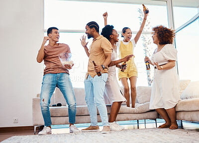 Buy stock photo Friends, fun and beer to celebrate at a house with happiness, drinks and people in a lounge. Diversity, alcohol and party with men and women together for celebration, gathering or reunion at home