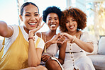 Portrait, heart hands and selfie of friends in home living room, bonding and having fun on sofa. Face, profile picture and love sign of group of women in photography, happy memory and emoji for care