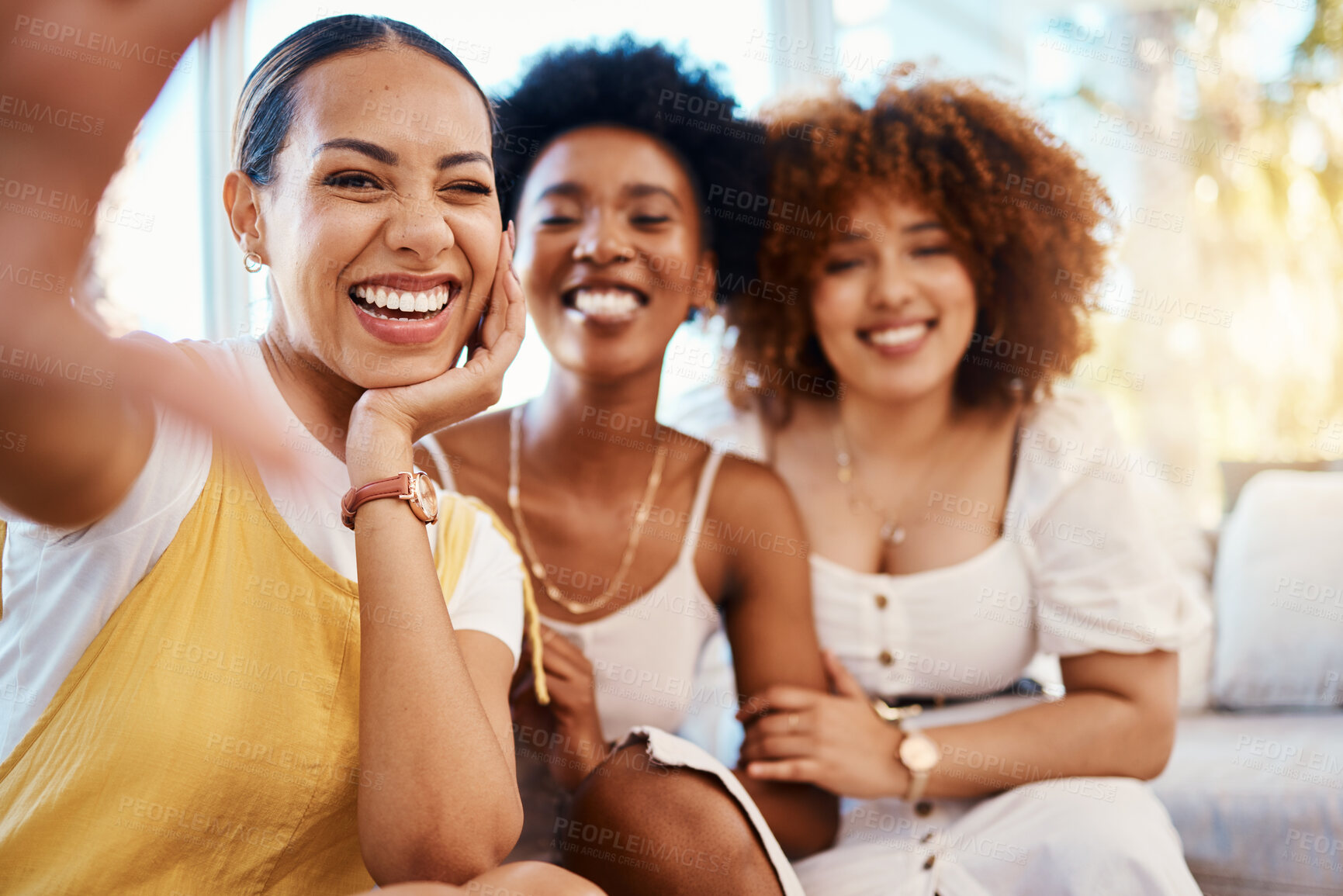 Buy stock photo Portrait smile, wink and selfie of friends in home living room, bonding and having fun on sofa. Face, profile picture and group of people, women or girls in photography, happy memory and social media