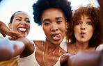 Funny selfie, portrait and friends in a house for bonding, social media or happy together. Diversity, home and face of crazy women taking a picture for memory with tongue out, comedy and smile