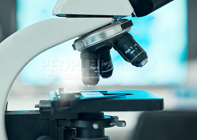 Buy stock photo Science, closeup and a microscope for research of bacteria, studying medicine or dna in a lab. Healthcare, gear or equipment for medical analytics, pharmaceutical investigation or biotechnology