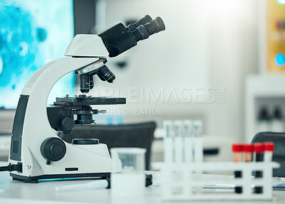Buy stock photo Microscope, science and laboratory with DNA and blood test, pathology and investigation with medical research. Knowledge, health study and pharmaceutical with biology, biotechnology and equipment