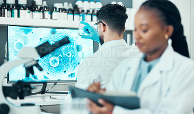 Buy stock photo Scientist, people and laboratory for planning, writing and bacteria research, virus or vaccine solution, ideas and study. Professional science woman or medical student in notebook and computer screen
