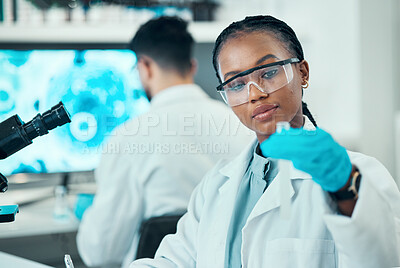 Buy stock photo Science, research and black woman with test tube in laboratory, medical engineering and vaccine technology. Biotechnology, pharmaceutical study and medicine, scientist or lab technician with solution