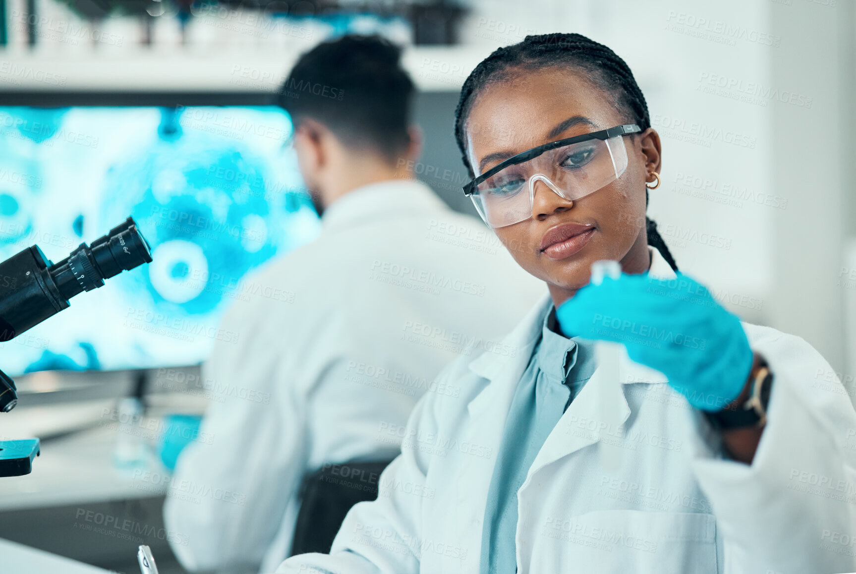 Buy stock photo Science, research and black woman with test tube in laboratory, medical engineering and vaccine technology. Biotechnology, pharmaceutical study and medicine, scientist or lab technician with solution
