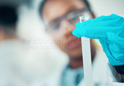 Buy stock photo Science, blurred background and woman with test tube in laboratory, medical engineering and mockup. Biotechnology, pharmaceutical and research, scientist or lab technician checking solution in glass.