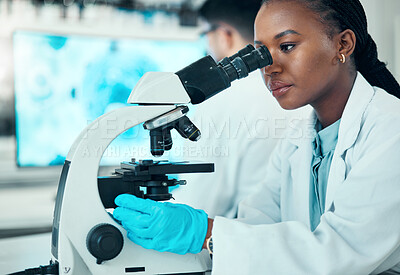 Buy stock photo Microscope, science and female scientist in a lab for medical pharmaceutical research. Professional, scientific and African woman researcher working on molecule analysis with biotechnology equipment.