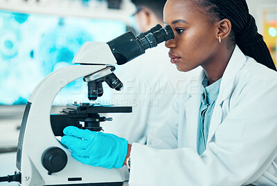 Buy stock photo Microscope, research and female scientist in a laboratory for a medical or pharmaceutical study. Professional, scientific and African woman researcher working on chemistry breakthrough with equipment