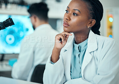 Buy stock photo Thinking, research and black woman with solution, medical or scientist in a lab, brainstorming or ideas. Planning, researcher or professional with science problem, decision or strategy for experiment