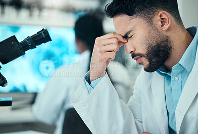 Buy stock photo Stress, man or tired scientist with headache in a laboratory with burnout, migraine or bad head pain. Exhausted, anxiety or frustrated expert with medical or science research with fatigue or tension