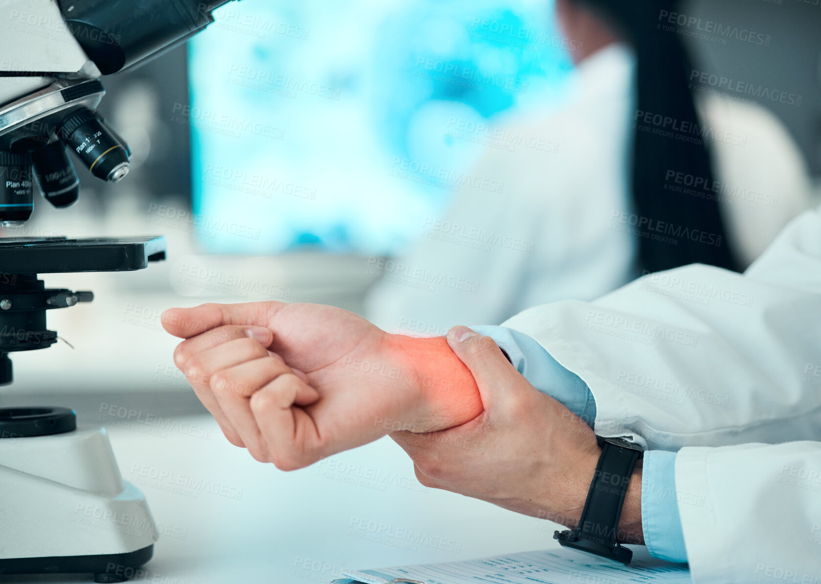 Buy stock photo Joint pain, hands or man scientist with wrist injury, bad problem or carpal tunnel in medical laboratory. Broken bone, arm or overworked doctor feeling bruise muscle or fracture in accident closeup 
