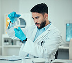 Science, results and man with bottle in laboratory, research and medical engineering with soil sample. Biotechnology, botany study and nature, scientist or lab technician checking sand in glass jar.