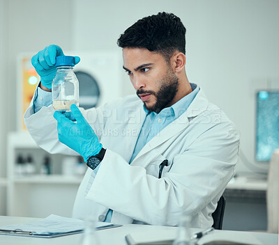 Buy stock photo Science, results and man with bottle in laboratory, research and medical engineering with soil sample. Biotechnology, botany study and nature, scientist or lab technician checking sand in glass jar.