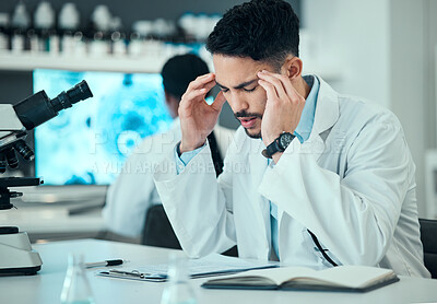 Buy stock photo Anxiety, man or sick scientist with headache stress in a laboratory with burnout, migraine or bad head pain. Exhausted, tired doctor or frustrated expert with medical or science research with fatigue