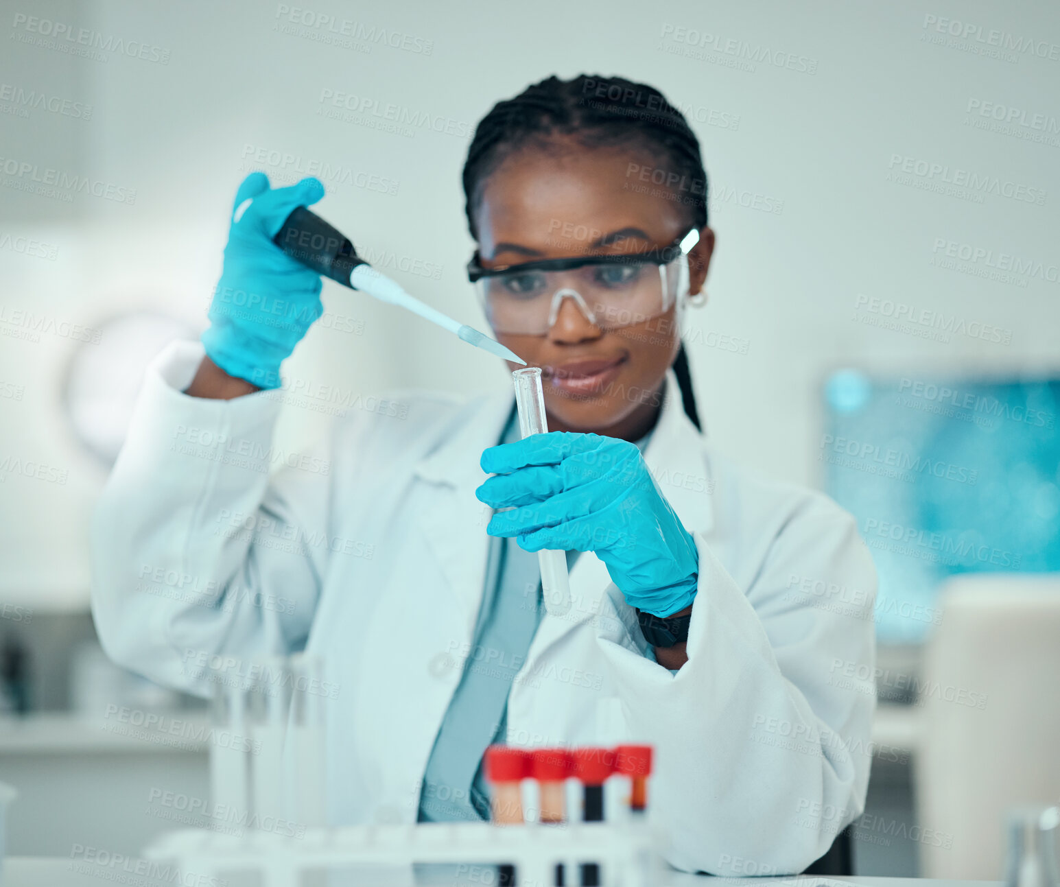 Buy stock photo Science, safety and research, black woman with pipette in laboratory and medical engineering test tube solution. Biotechnology, vaccine and liquid, scientist or lab technician checking blood sample.
