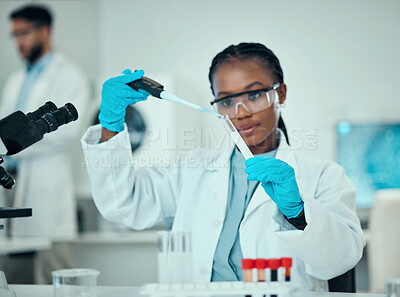 Buy stock photo Science, blood and research, black woman with test tube in laboratory and medical engineering solution. Biotechnology, vaccine study and liquid in pipette, scientist or lab technician checking sample