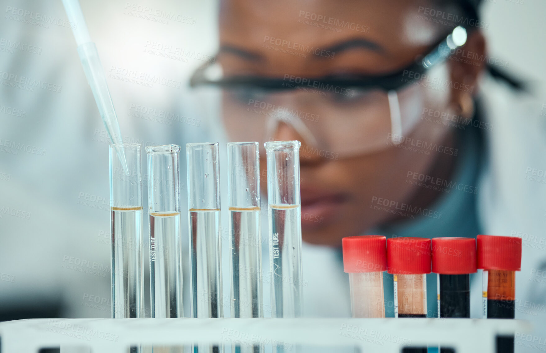 Buy stock photo Science, blurred background and blood, woman with test tube in laboratory for research and medical engineering. Biotechnology, pharmaceutical study and pathology, scientist or technician with pipette