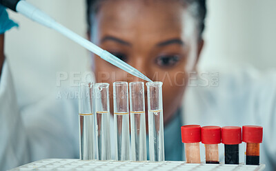Buy stock photo Science, woman with pipette and blood in test tube, laboratory research, results and medical engineering. Biotechnology, pharmaceutical study and pathology, scientist or lab technician glass solution