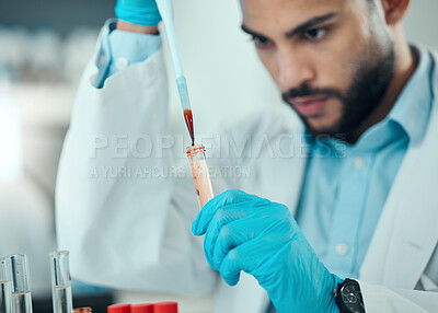 Buy stock photo Science, man with pipette and blood in test tube, laboratory research results and medical engineering. Biotechnology, pharmaceutical study and DNA, scientist or lab technician with solution.