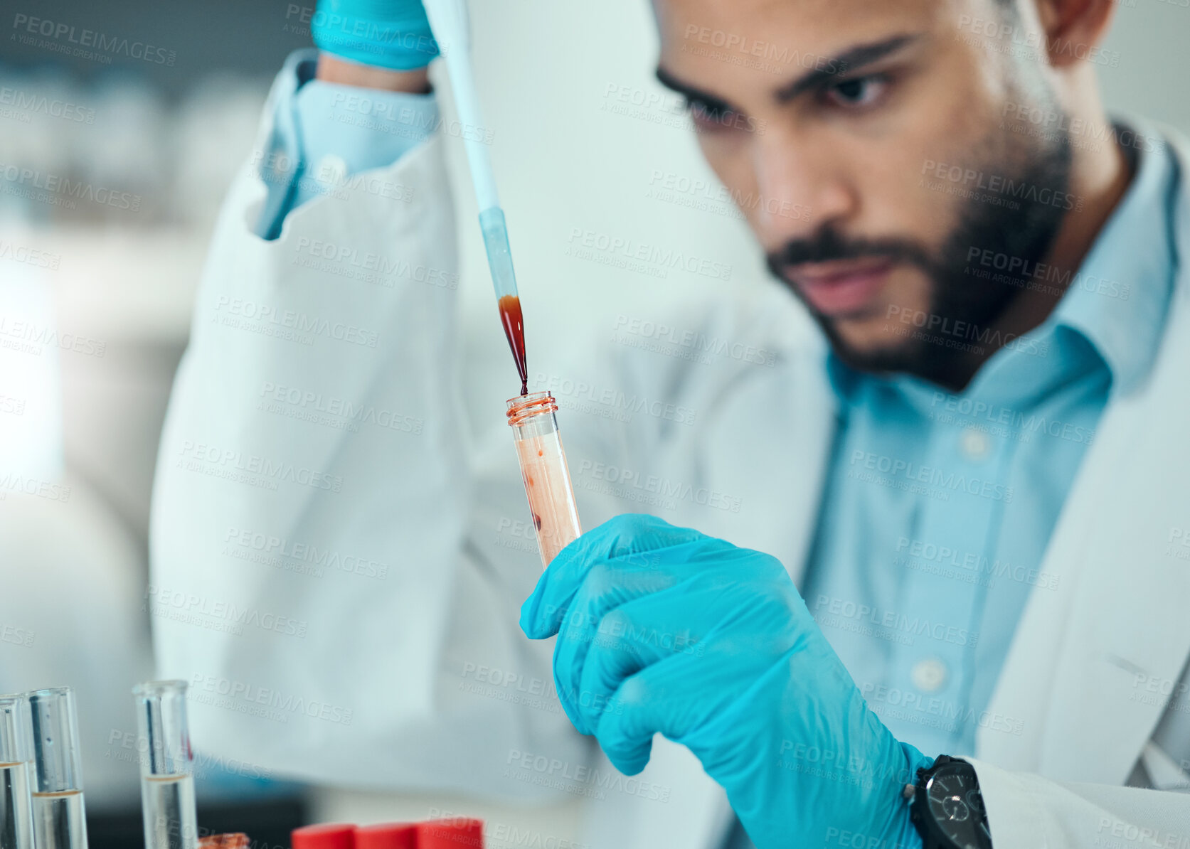 Buy stock photo Science, man with pipette and blood in test tube, laboratory research results and medical engineering. Biotechnology, pharmaceutical study and DNA, scientist or lab technician with solution.