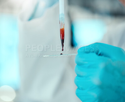 Buy stock photo Hands of scientist with blood in pipette, glass and laboratory research, dna results and medical engineering. Biotechnology, pharmaceutical study and lab technician with solution for pathology test.