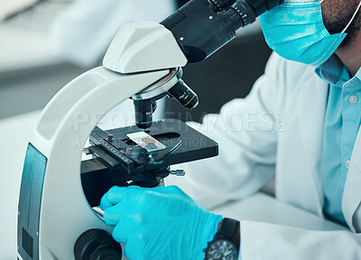 Buy stock photo Person, science and microscope for laboratory research, blood test and dna or virus analysis with glass slide. Professional scientist in medical or biotechnology and lens check for covid or particles