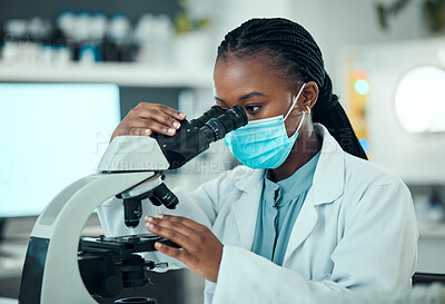 Buy stock photo Woman, science and microscope for laboratory research, blood test and dna or virus analysis with face mask. Professional scientist or medical student in biotechnology and check for covid or bacteria