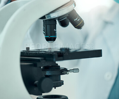 Buy stock photo Microscope, science and laboratory with closeup and analysis, pathology and investigation with medical research. Knowledge, health study and pharmaceutical with biology, biotechnology and equipment