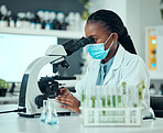 Microscope, pharmaceutical and female scientist with face mask for virus analysis in a lab. Professional, science and African woman researcher working on medical research with biotechnology equipment