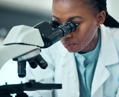 Buy stock photo Scientist, woman and microscope in laboratory research, blood test and dna or virus analysis for medical study. Professional science or african person in biotechnology and lens check for particles